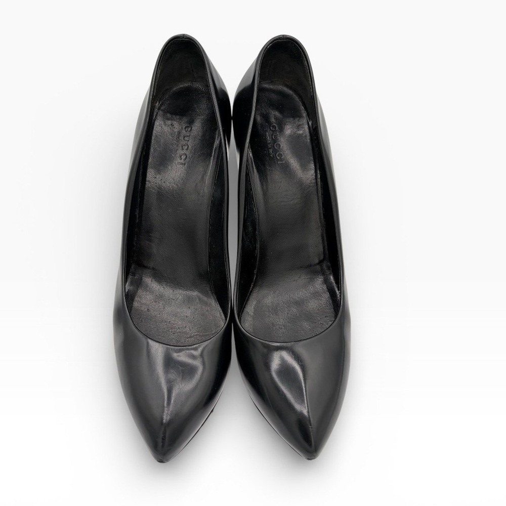 Gucci‎ Interlocking GG Logo Sz 38.5 Classic Black Patent Leather Stiletto Heels - Picture 3 of 9